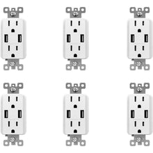 Load image into Gallery viewer, 6-PK Commercial Electric 3.6A Dual USB Charger and 15A Receptacle R1615D36-WH-3