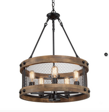 Load image into Gallery viewer, LNC 19" 5-Light Dark Brown Drum Wood Round Chandelier Pendant - A03830