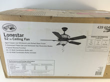 Load image into Gallery viewer, Hampton Bay Lonestar 52" Aged Copper White Rock Etched Glass Ceiling Fan 439604