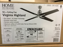 Load image into Gallery viewer, Home Decorators YG588-BN Virginia Highland 56 in. Brushed Nickel Ceiling Fan