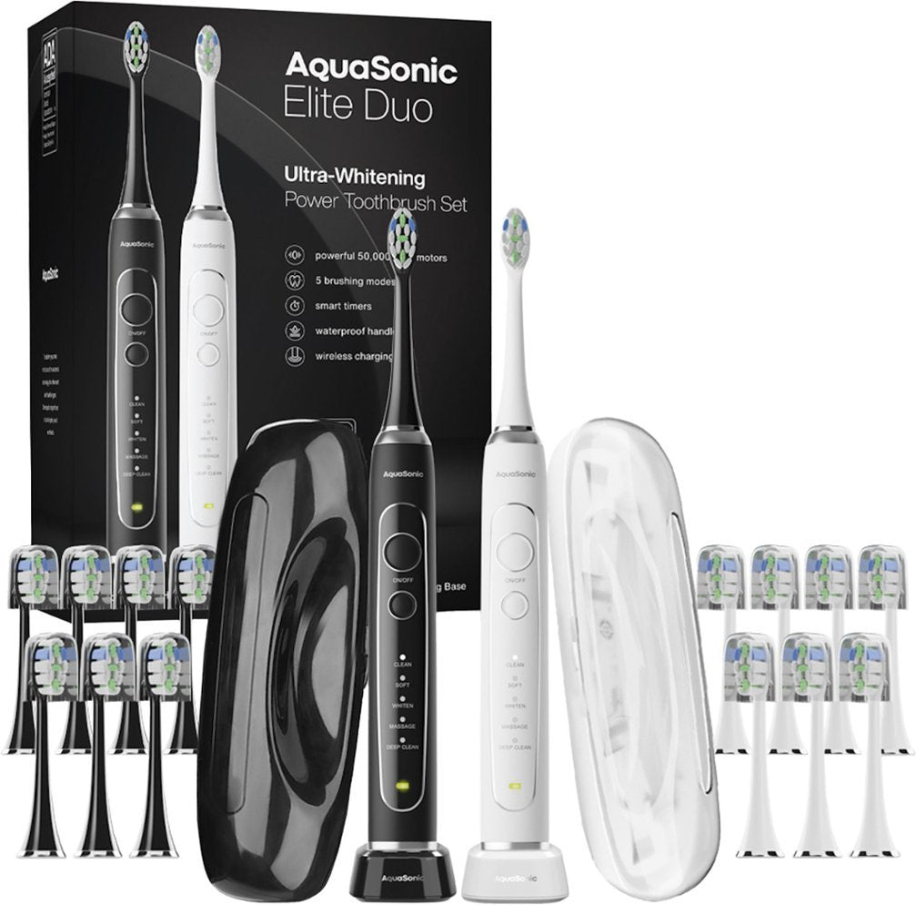 AquaSonic - Elite Duo Ultra-Whitening Toothbrush Set, White & Black AS-ELITE-DUO