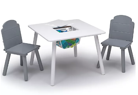 Delta Children Finn 3-Piece Table and Chair Set with Storage in White/Grey