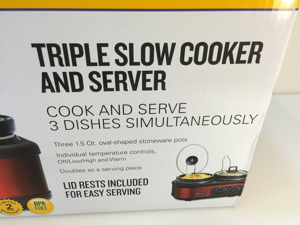 BELLA Triple Slow Cooker and Buffet Server, 3 x 1.5 QT Manual Red NIB 