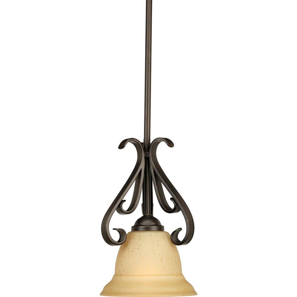 Progress Lighting Torino P5153-77 Forged Bronze Mini Pendant Tea-Stained Glass