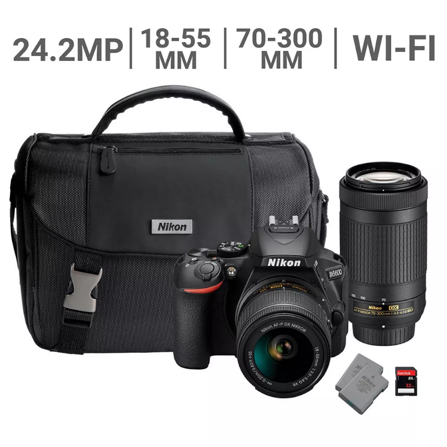Nikon D5600 24.2mp CMOS Wi-Fi DSLR Camera with 18-55mm, 70-300mm lens Bundle