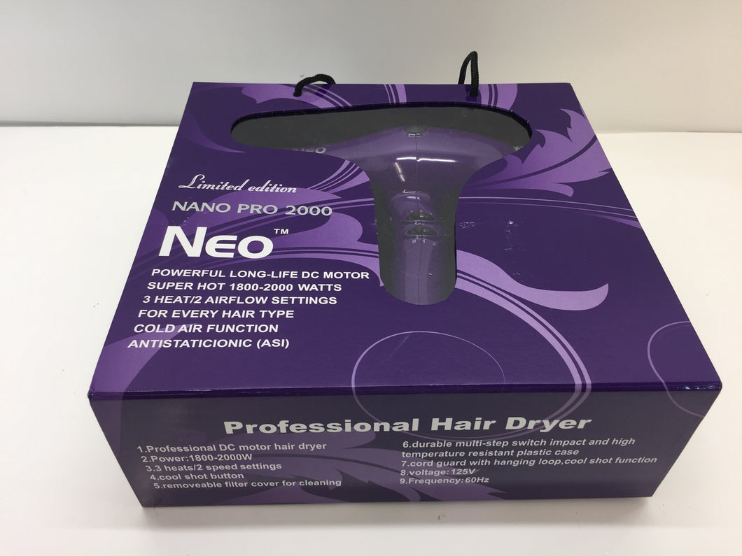 Neo Nano Pro 2000 Ionic Hair Blow Dryer - Super Hot 1800-2000 Watts - Purple