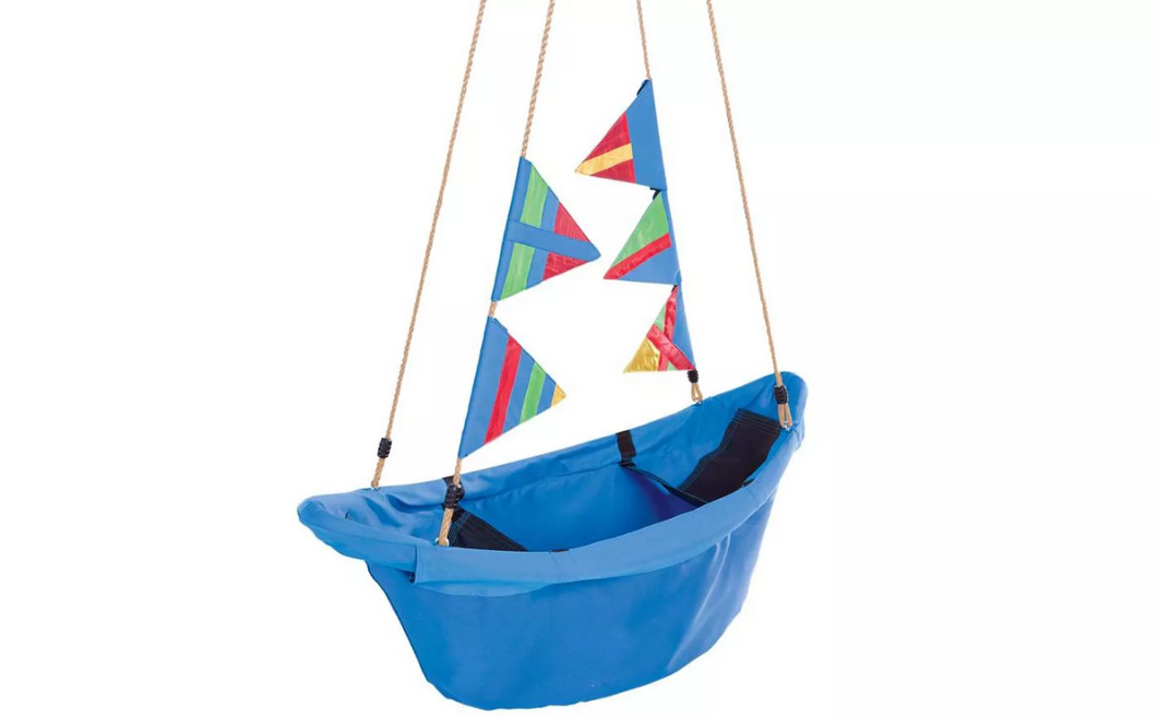 HearthSong Regatta Boat Tree Swing with Colorful Flags and Mesh Bottom, Blue
