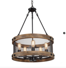 Load image into Gallery viewer, LNC 19&quot; 5-Light Dark Brown Drum Wood Round Chandelier Pendant - A03830
