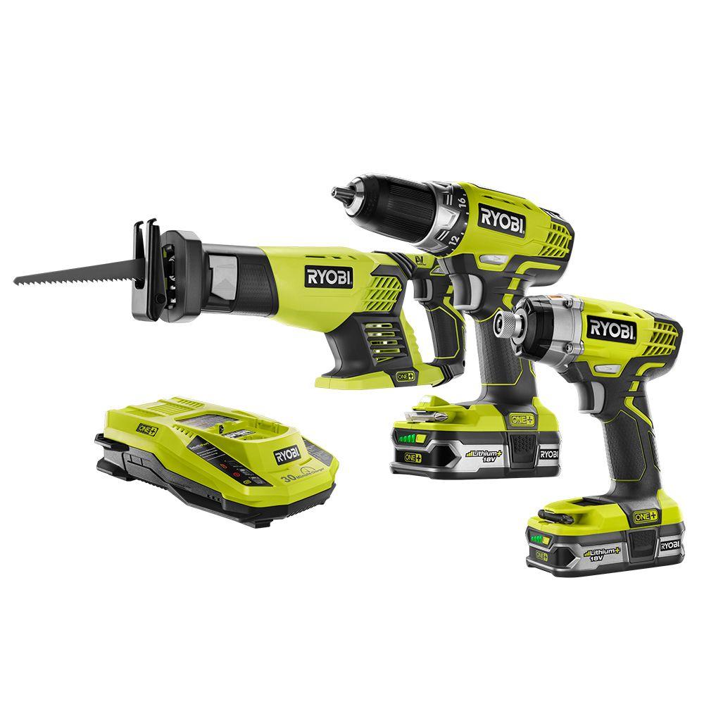 Ryobi P1873 18V ONE+ Lithium-Ion Cordless Combo Kit (3-Tool)