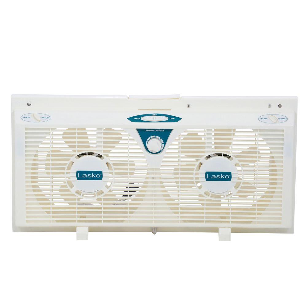 Lasko 2138 8 in. Electrically Reversible Twin Window Fan with Thermostat