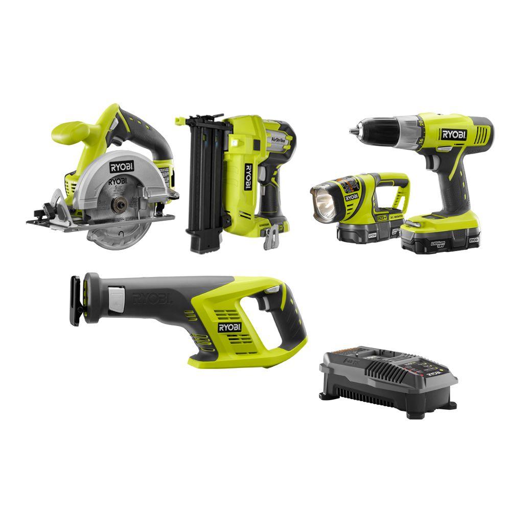 Ryobi P1882 18V ONE+ Lithium-Ion Cordless Combo Kit with Brad Nailer (5-Tool)