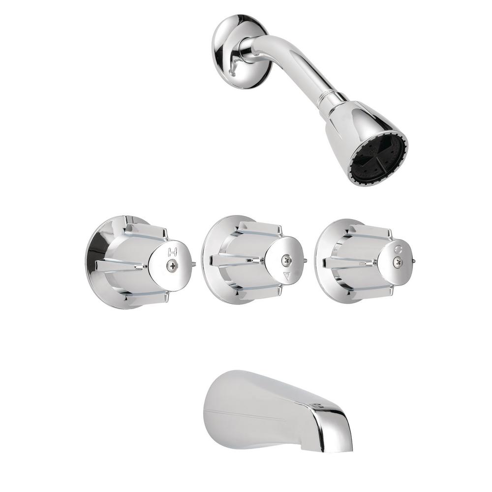 EZ-FLO 10771 Basic-N-Brass Compression 3-Handle 1-Spray Shower Faucet Chrome