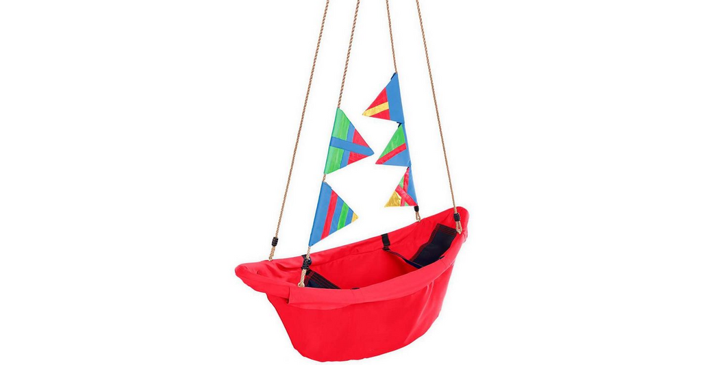 HearthSong Regatta Boat Tree Swing with Colorful Flags, Mesh Bottom Red 866667RD