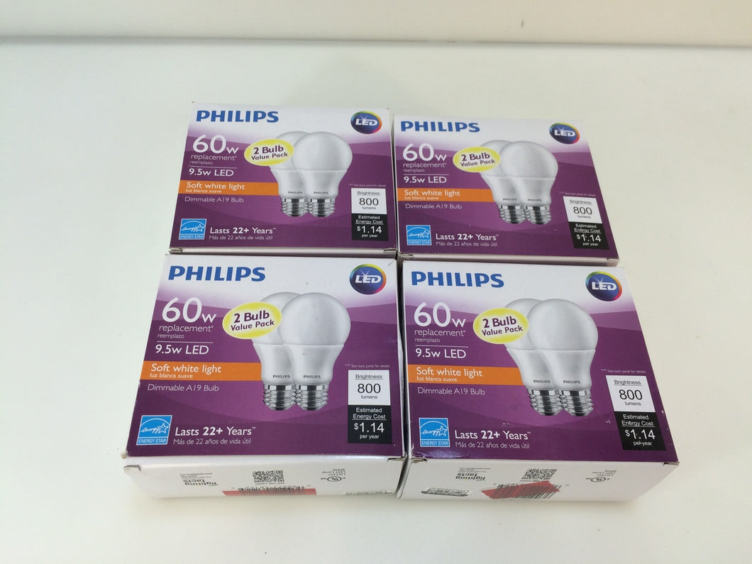 8-Pack (4 x 2-Pack) Philips Dimmable A19 LED Bulb 60W uses 9.5W at 800 Lumens