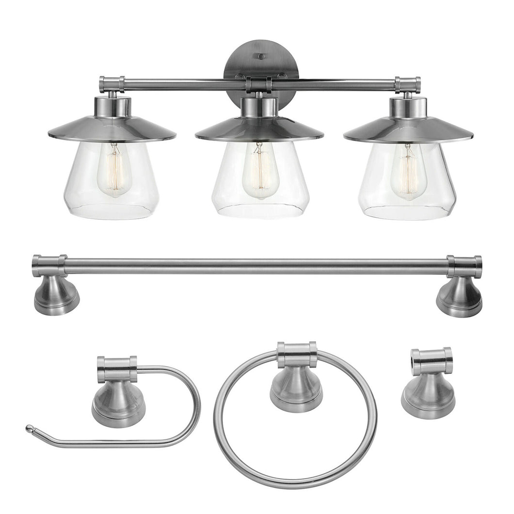 Globe Electric Nate 3-Light Brushed Steel Vanity Light and Bath Set 51495