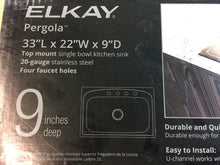 Load image into Gallery viewer, Elkay HDSB332294 Pergola Drop-In Stainless Steel 33&quot; 4-Hole 1-Bowl Kitchen Sink
