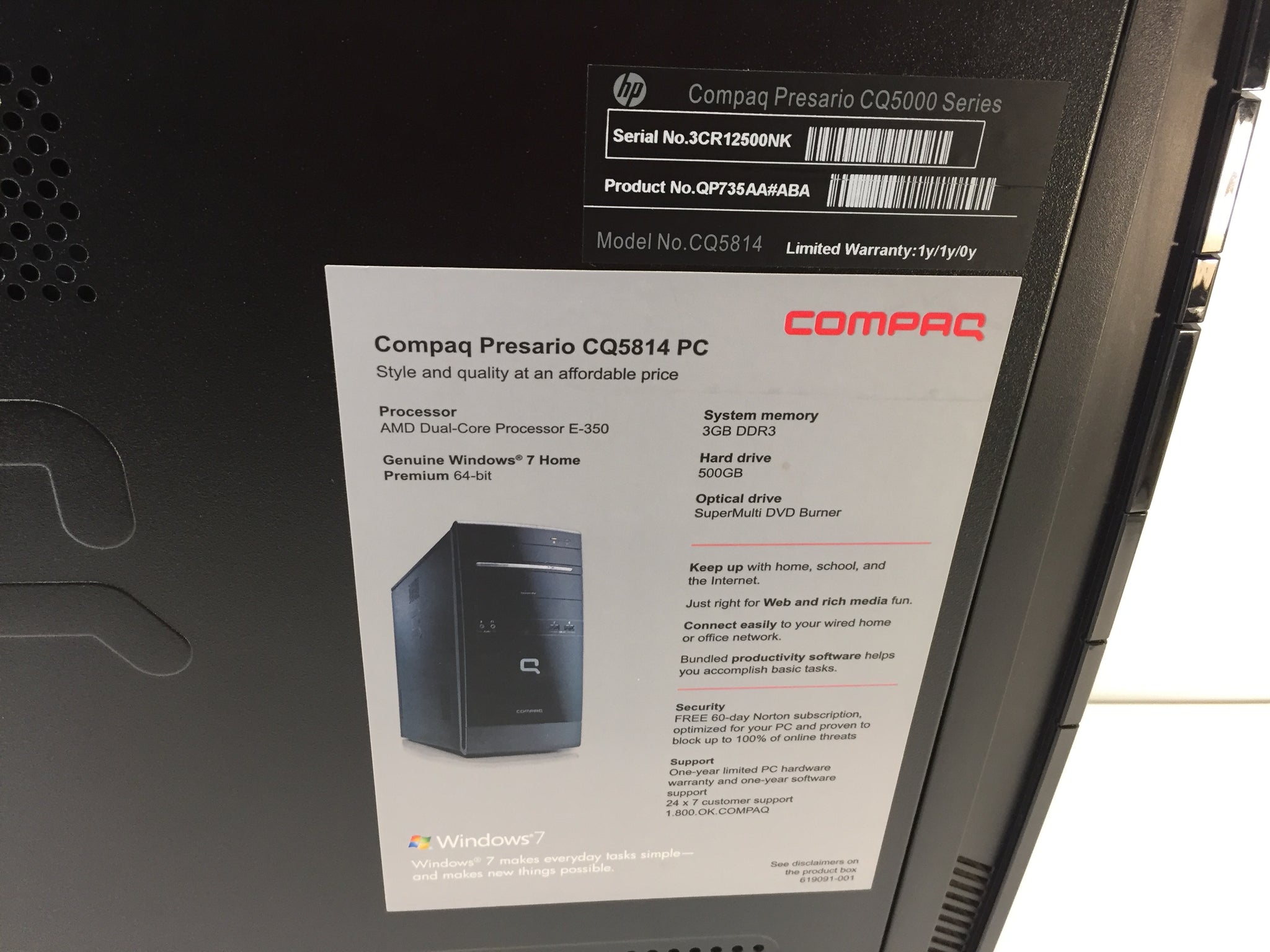 Compaq Presario CQ5814 Desktop PC AMD E-350 3GB 500GB DVDRW Win7