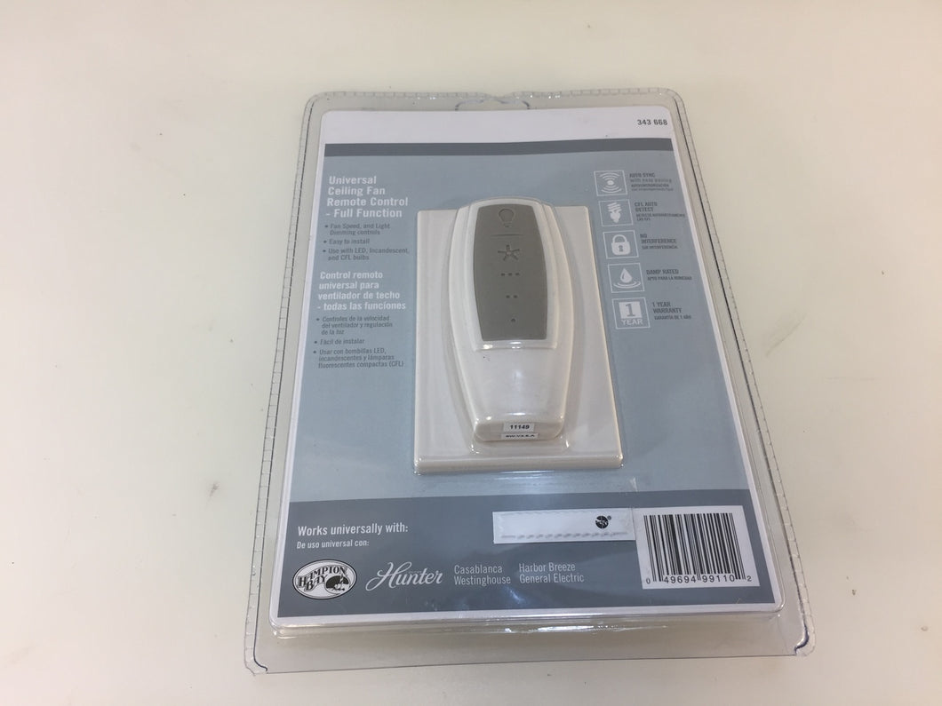 Hampton Bay 99110 Universal Ceiling Fan Remote Control Full Function 343668