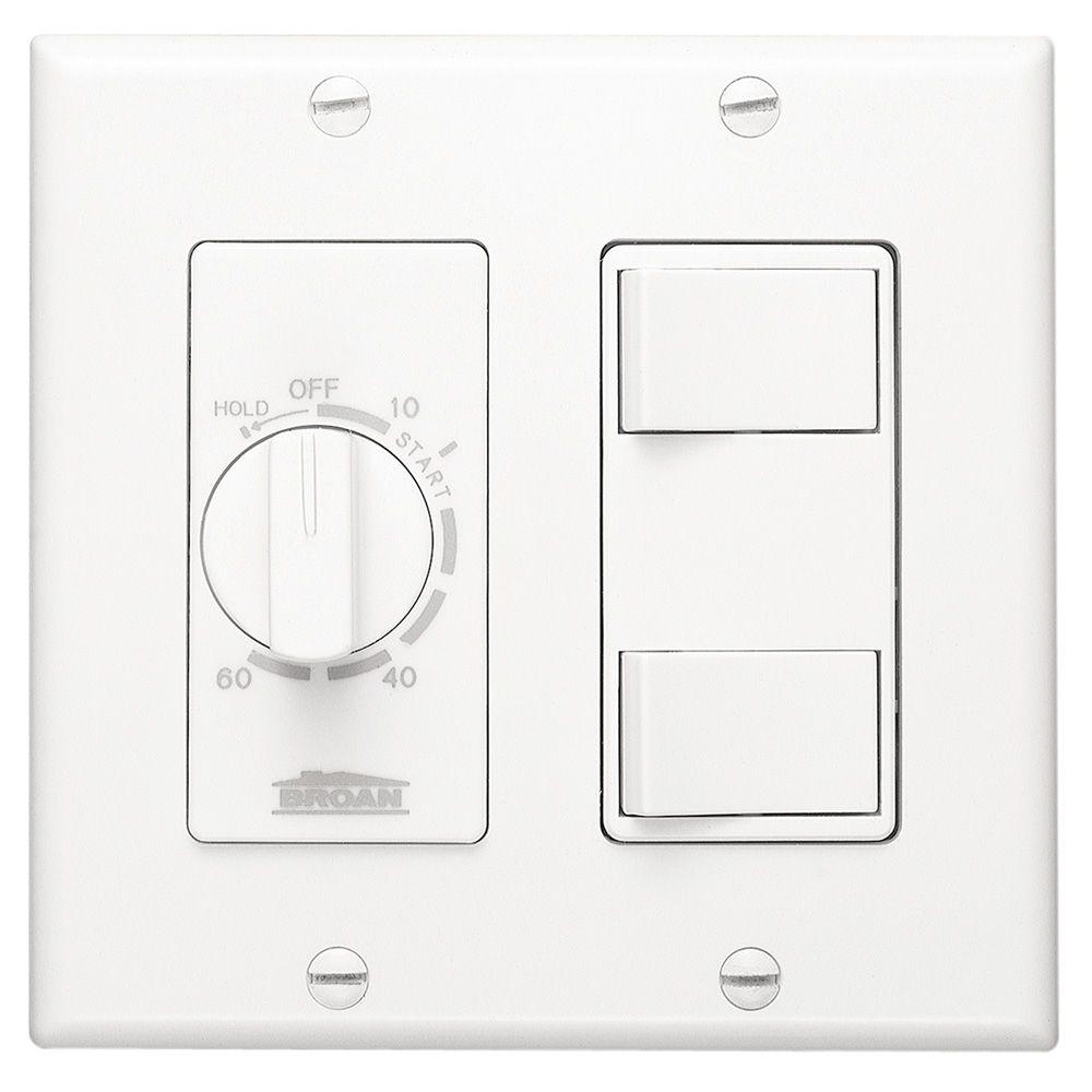 Broan-NuTone 62W 20A 60-Minute In-Wall Dial Timer w/ 2 Rocker Switches, White
