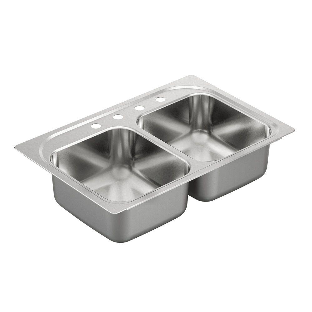 MOEN G222134 Drop-in Stainless Steel 33 in. 4-Hole Double Bowl Kitchen Sink