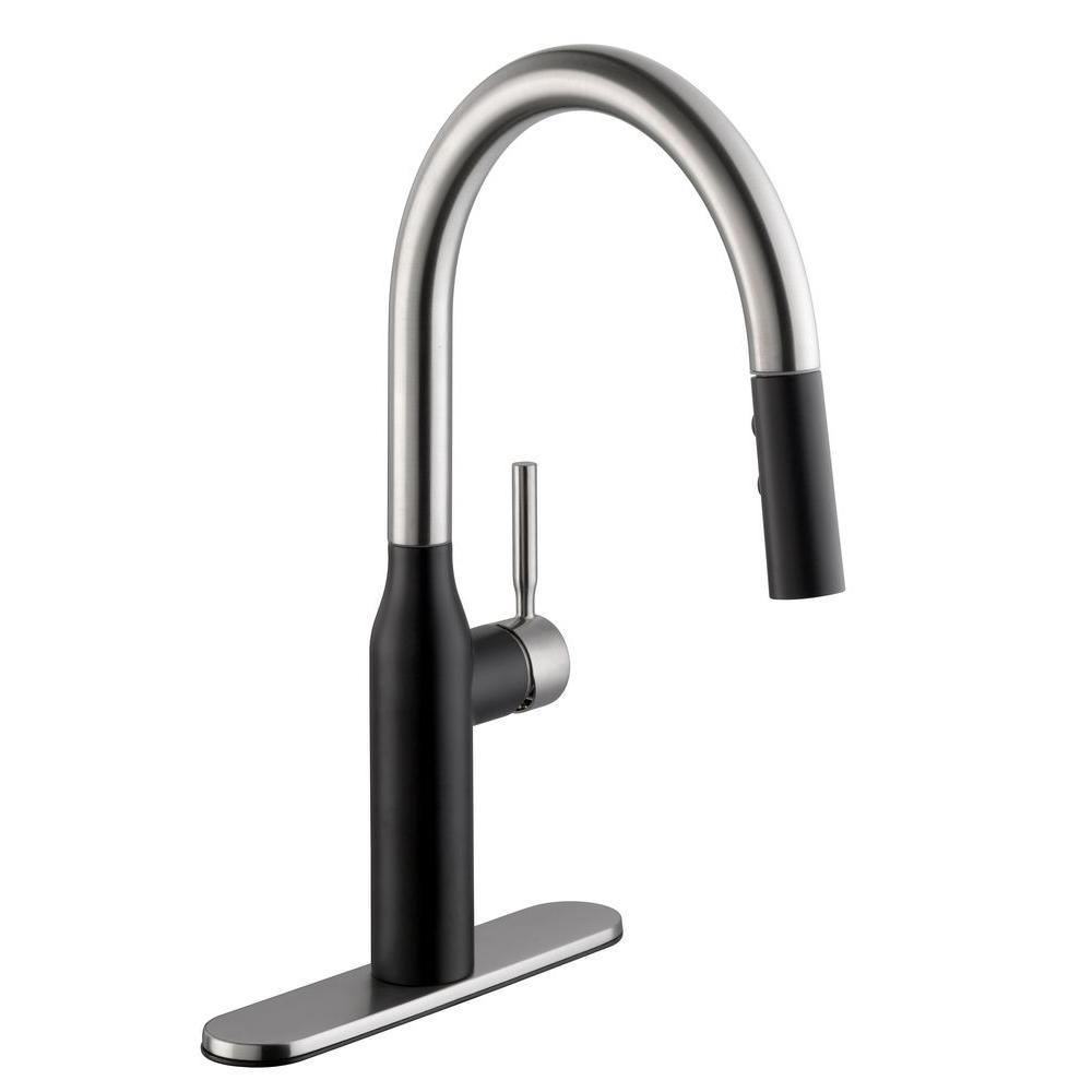 Schon 67553-0173 Contemporary Sprayer Kitchen Faucet, Stainless Steel & Black